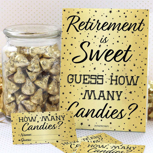DISTINCTIVS Retirement Party Games - Guess How Many Candies in The Jar Game - 1 Sign and 30 Guessing Cards