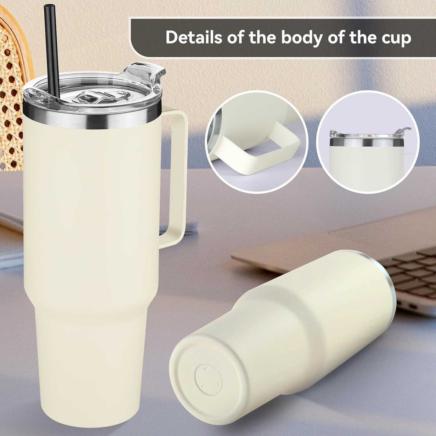 HASLE OUTFITTERS 40 oz Stainless Steel Tumbler with Handle, Vacuum Insulated Tumblers Bulk, Reusable Double Wall Travel Coffee Mug, Durable Powder Coated Water Bottle(Beige, 1)