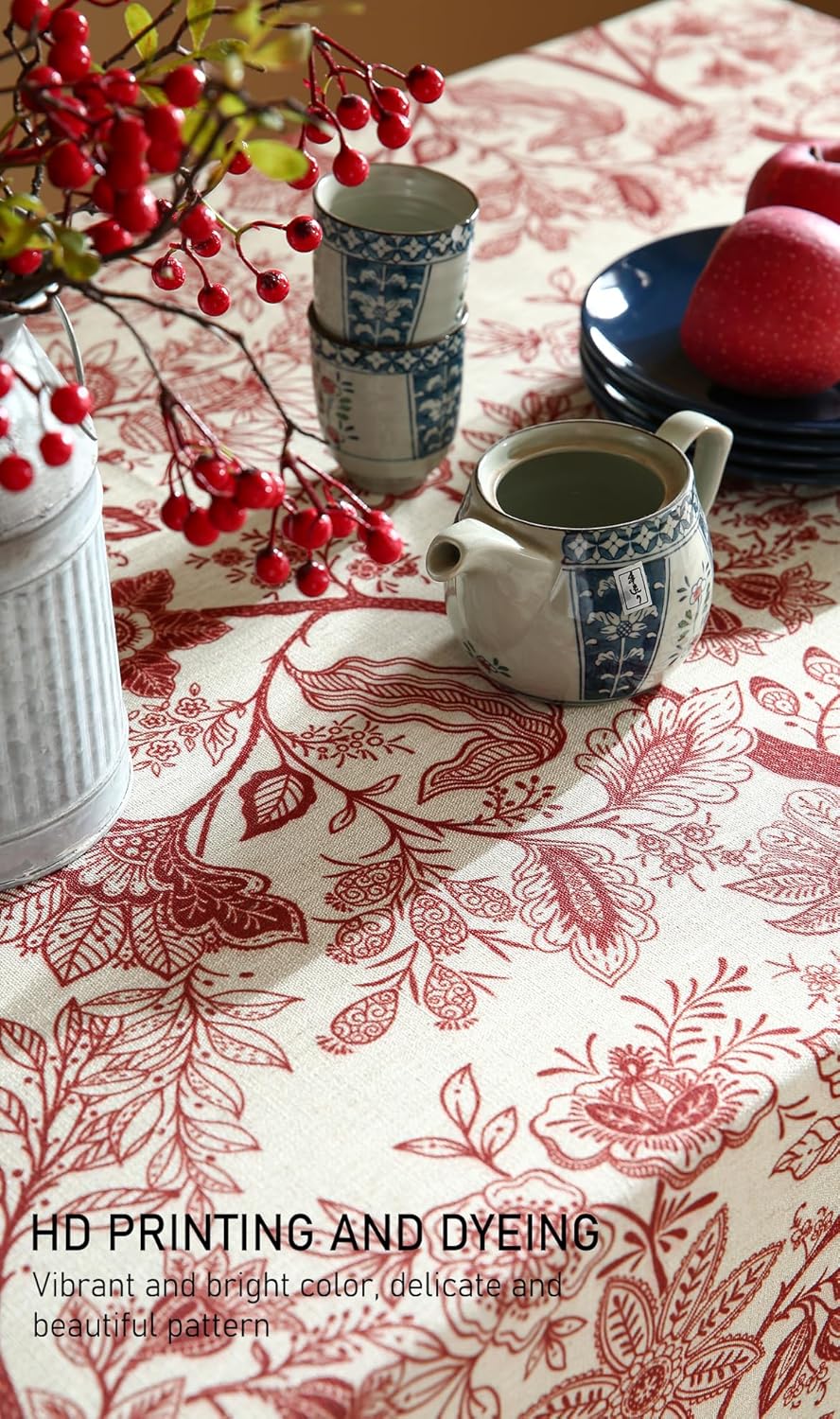 ISAENNE Designer French Linen Long Rectangle Tablecloth,Red Floral Washable Indoor Table Cloth,Durable Home Decor Tablecloths for Dining Thanksgiving Kitchen Party Christmas,63"*94"-Ruyi A