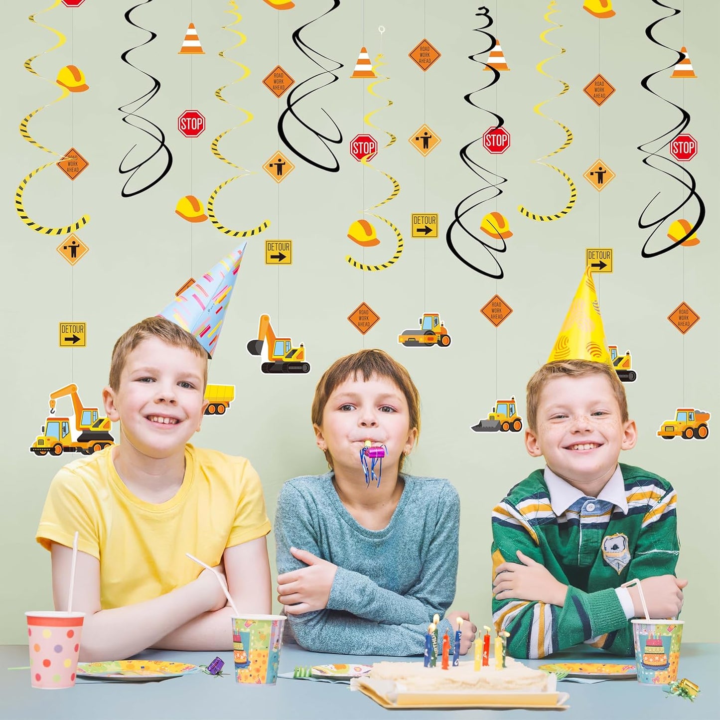 16Pcs Construction Theme Party Hanging Decorations – Swirl Set with Trucks, Traffic Cone & Safety Symbols | Party Supplies & Decorations, Party Favors for Construction Themed Celebrations
