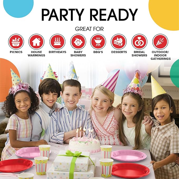 Party Solids Red & Pink Plastic Plates For Party Supplies, Red & Pink Disposable Plates 100 Pieces - 50-7" & 50-9" Heavy Duty 350 GSM Disposable Dinnerware Sets, Plastic Dinnerware Sets