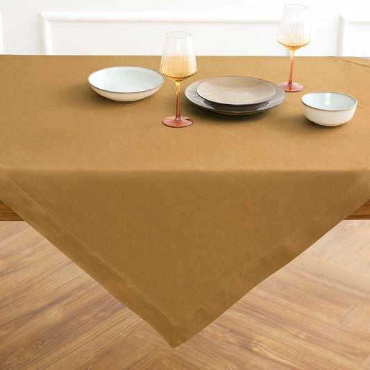 Solino Home Linen Tablecloth 52 x 52 Inch - 100% Pure Linen Caramel Square Tablecloth - Fete, Machine Washable Table Throw for Fall, Autumn, Thanksgiving