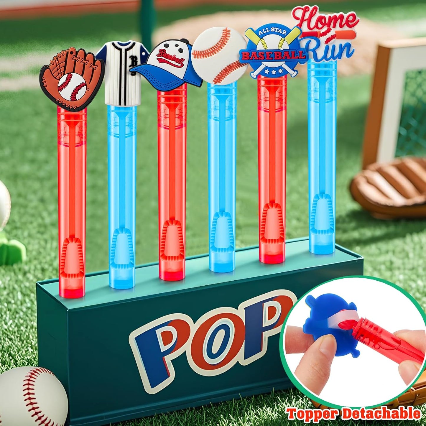 Winrayk Baseball Party Favors, 24Pcs Baseball Themed Mini Bubble Wands for Kids Bubbles Bulk with Detachable Topper (6 Styles), Birthday Gift Classroom Prizes Girl Boys Sports Goody Bag Stuffer Supply