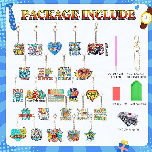 Huquary 24 Sets Father's Day Diamond Art Keychains Kits 5D Dad Diamond Art Keyrings Charm Pendants for Adults Dad DIY Craft Gifts for Father's Day Daddy Birthday Party Favors Bags Decor