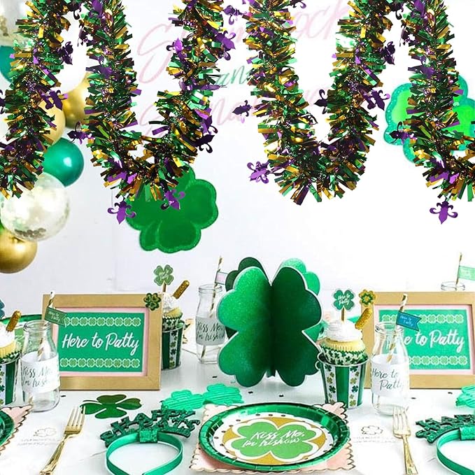 50 Feet Mardi Gras Tinsel Garland Gold Green Purple Mardi Gras Christmas Tree Tinsel Garland Metallic Twisted Hanging for Oktoberfest Birthday Party Decoration, A
