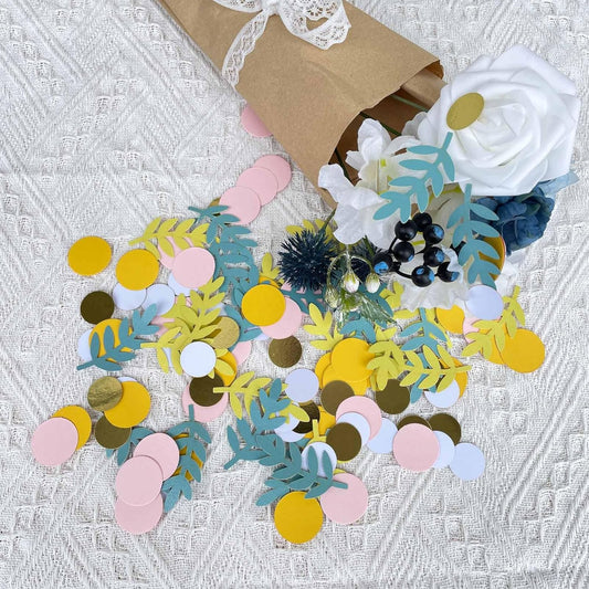 200 Pcs Baby Shower Confetti - Yellow Blue Eucalyptus Dots, Boho & Forest Party Decor, Bridal & Wedding Table Confetti