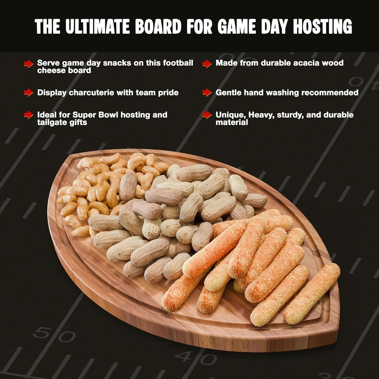 New – Football Shaped Cutting Board – Acacia Wood Charcuterie Tray – Wooden Football Serving Platter for Super Bowl Parties, Tailgate Hosting & Gifts