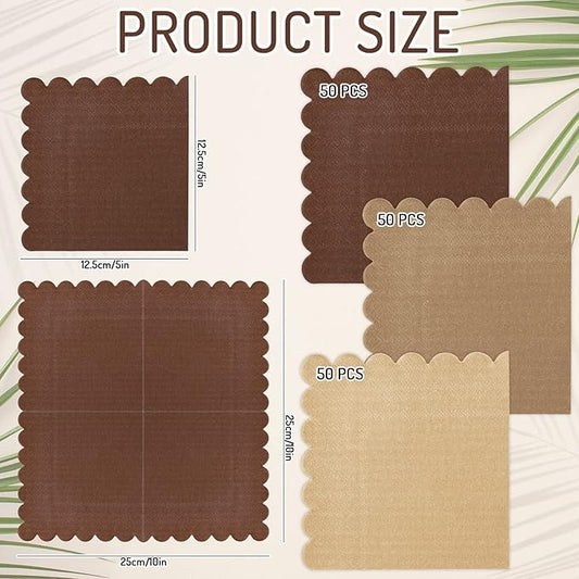 Whaline 150 Pack Fall Color Brown Neutral Cocktail Napkins Wood Grain Napkins Brown Gradient Color Napkins with Scalloped Edges Disposable Napkin in 3 Colors for Party Supplies Table Decor, 5 x 5 In