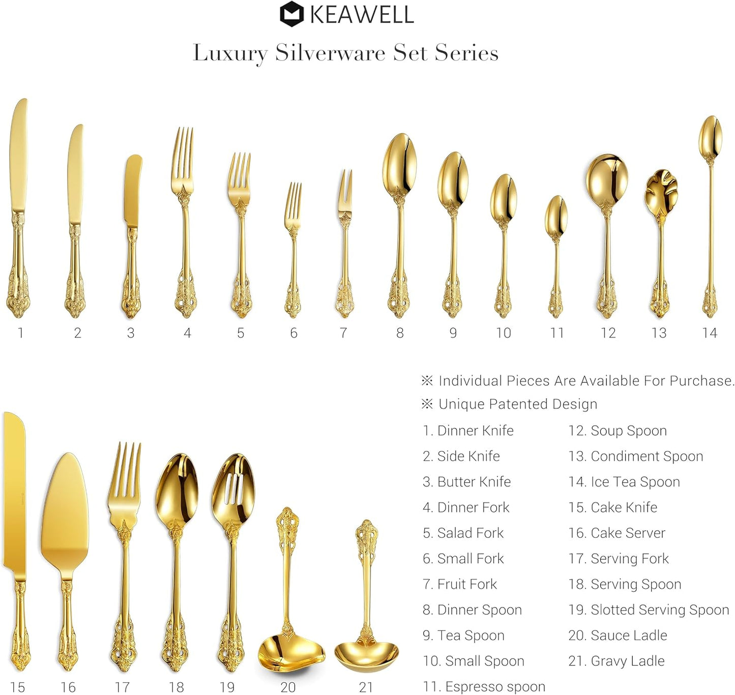 KEAWELL Gorgeous Wedding Cake Knife and Server Set, 18/10 Stainless Steel, Fine Luxury Cake Cutting Set (Gold)