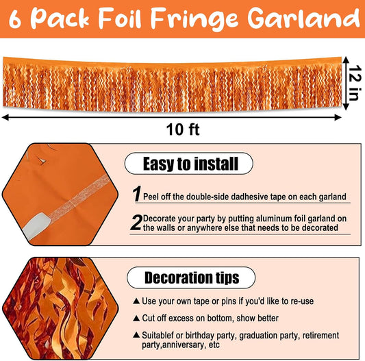 6 Pack 10 Feet Orange Wave Foil Fringe Garland Metallic Tinsel Streamers Banner Wall Hanging Curtain Backdrop for Parade Floats, Mother's Day, Easter, Wedding, Birthday Party Decoration