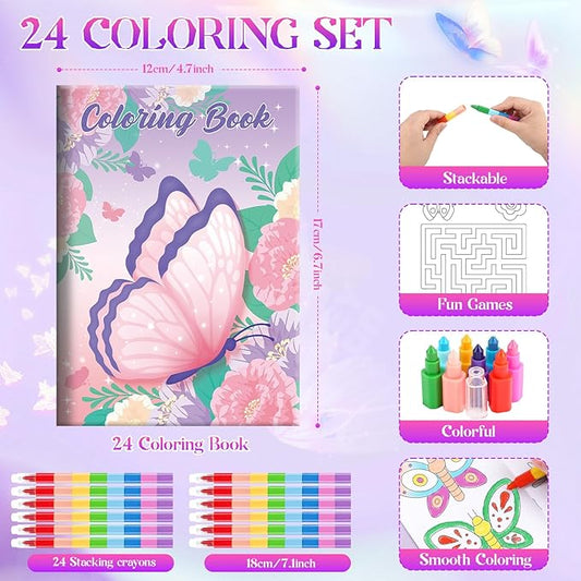 BenLouis 24 Butterfly Mini Coloring Books Kids with 24 Stacking Crayons Butterfly Theme Party Favors Activity Books Bulk for Kids Spring Fairy Birthday Goodie Bag Gift Stuffer Classroom Reward