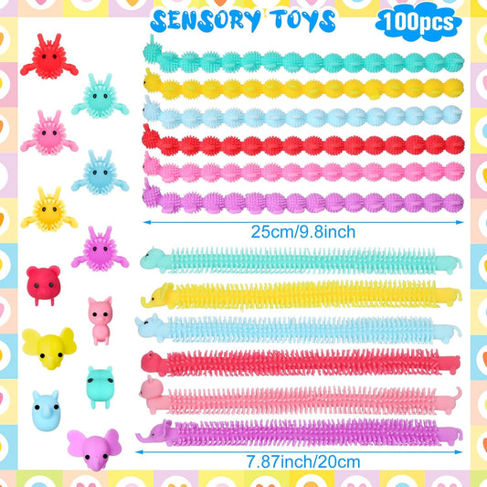 Chivao 100 Pack Bulk Stretchy String Fidget Toys Animal Sensory Toys for Kids and Adults Colorful Fidget Worm Stress Anxiety Relieve Party Favors Goodie Bag Fillers Birthday Gifts (Cute Style)