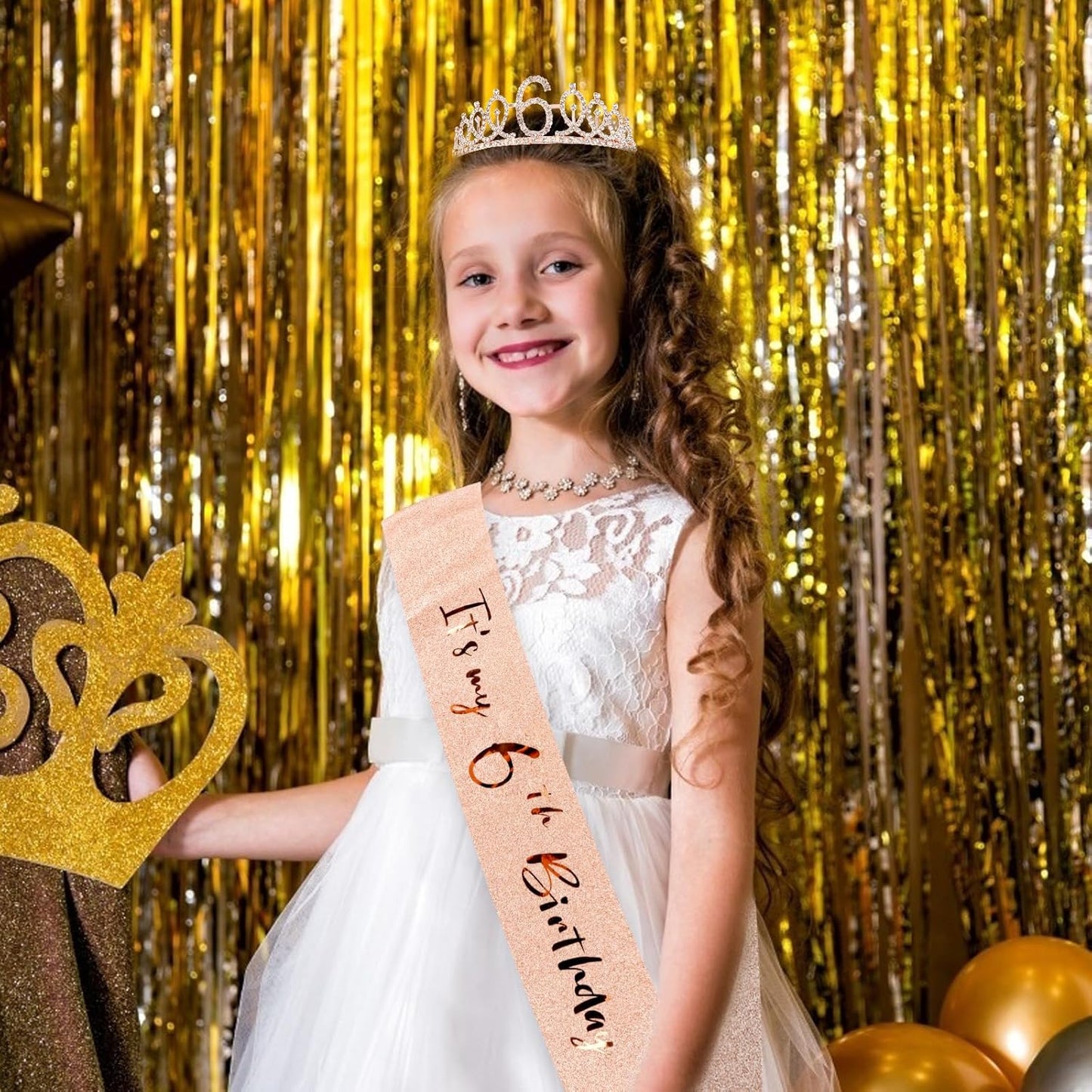 CIEHER 6th Birthday Set: Crown, Sash & Pearl Pin - It's My 6th Birthday Decorations & Gifts