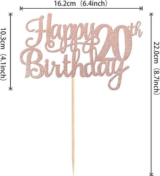 1 PCS Happy 20th Birthday Cake Topper Glitter Cheers to 20 Years Birthday Cake Pick Twenty 20 Fabulous Cake Decoration for Happy 20th Birthday Theme Party Decorations Supplies Rose Gold