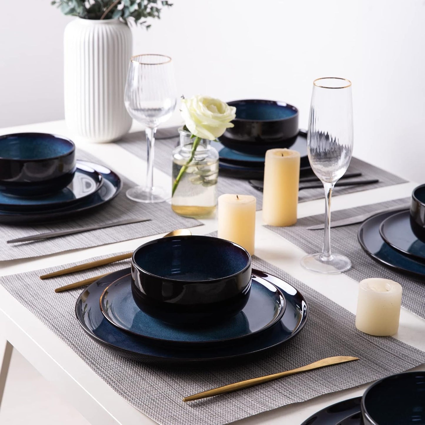LERATIO Ceramic Plate Set of 6,8.5 Inch Reactive Glaze Light Weight Porcelain Salad Plates,Modern Shape Dinnerware Dishes Set for Kitchen,Microwave&Dishwasher&Oven Safe,Resistant-Indigo Blue