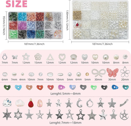 Bracelet Making Kit,1500 Pcs Beads Supplies Kits Fake Pearl Bead Crystal Beads Shell Turquoise Golden Beading Kits for Bracelets,Necklace,Ring DIY Crafts with Star Butterfly Bow Pendant for Age 16+