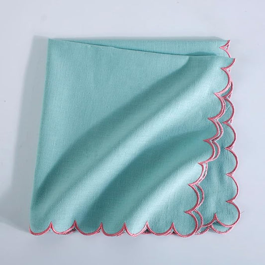 FINGERCRAFT Cloth Napkins, Everyday Use Reversible Scallop Design, Premium Quality Cotton Linen Blend Napkin Set of 6 Perfect for Parties Dinners Weddings Easter Napkin Cloth 20x20 Inch Aqua