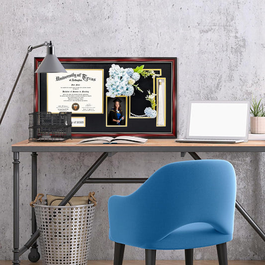 GraduationMall Class of 2025 Graduation Frame for 8.5x11 Diploma & 4x6 Photo with Graduation Cap & Tassel Holder, Cherry Wood Display Case with Black Gold Mat