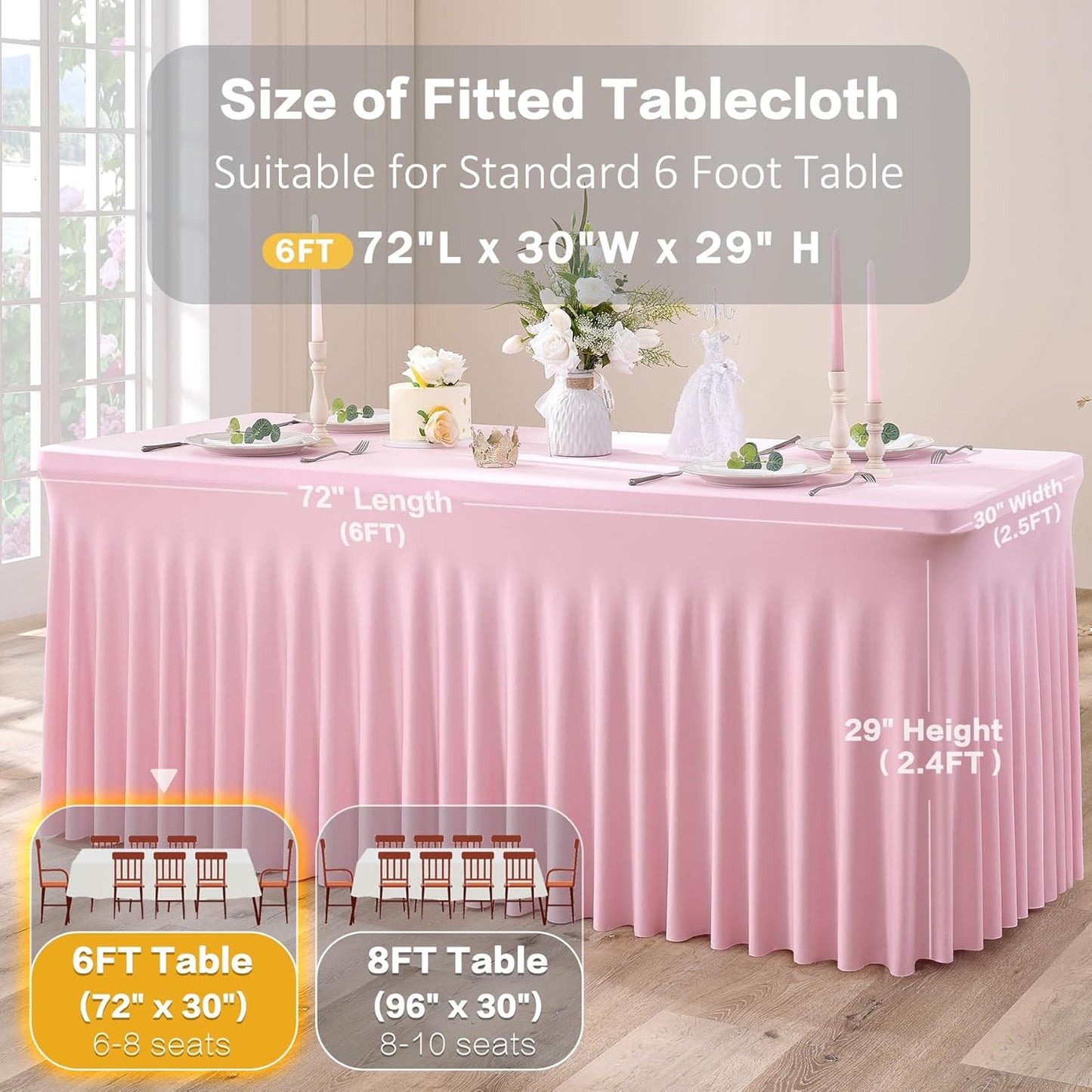 4pk Spandex Tablecloths for 6 Foot Rectangle Tables, Pink Stretch Table Cloth 6ft Fitted Table Cover Desk Skirt for Parties Weddings Birthday Banquet Baby Shower