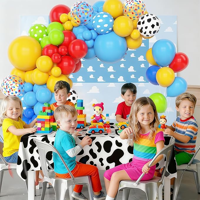 Amandir 152Pcs Blue Red Yellow Balloon Arch Garland Kit, Different Sizes 12 10 5 Cow Cloud Pattern Green Confetti Latex Balloons For Cartoon Theme Birthday Baby Shower Decorations