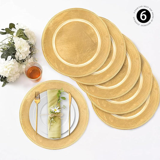 MAONAME Foil Gold Charger Plates with Beaded, 13" Plate Chargers for Dinner Plate, Plastic Round Chargers for Table Setting, Set of 6