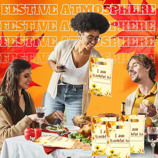 Supervitae 100 Pcs I Am Thankful Plastic Gift Bags Thanksgiving Party Favor Thank You Bags Bulk with Handles for Thankful Gratitude Snacks Goodie Candy Treat Autumn Fall Thanksgiving Party Supplies