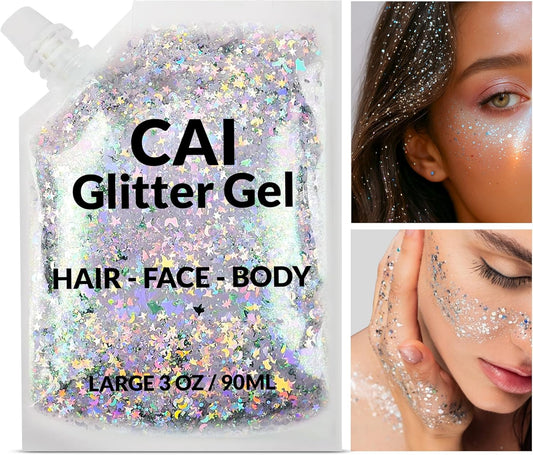 Face, Body & Hair Glitter Gel – Halloween Glitter for Kids and Women – 3 Oz Cosmetic-Grade Gel w/Moon & Stars for Festivals & Halloween Party, Easy Apply & Wash Off - Unicorn 5Pack