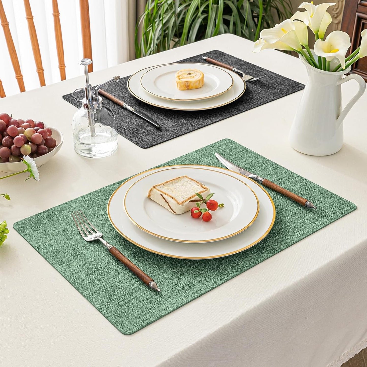Romanstile Reversible Vinyl Placemats Set of 6, Faux Leather 100% Waterproof Oil-proof Wipeable Place Mats, Heat Resistant Dual Sided Table Mats for Kitchen/Dining/Party (Grey DarkGreen, 12 x 17 Inch)