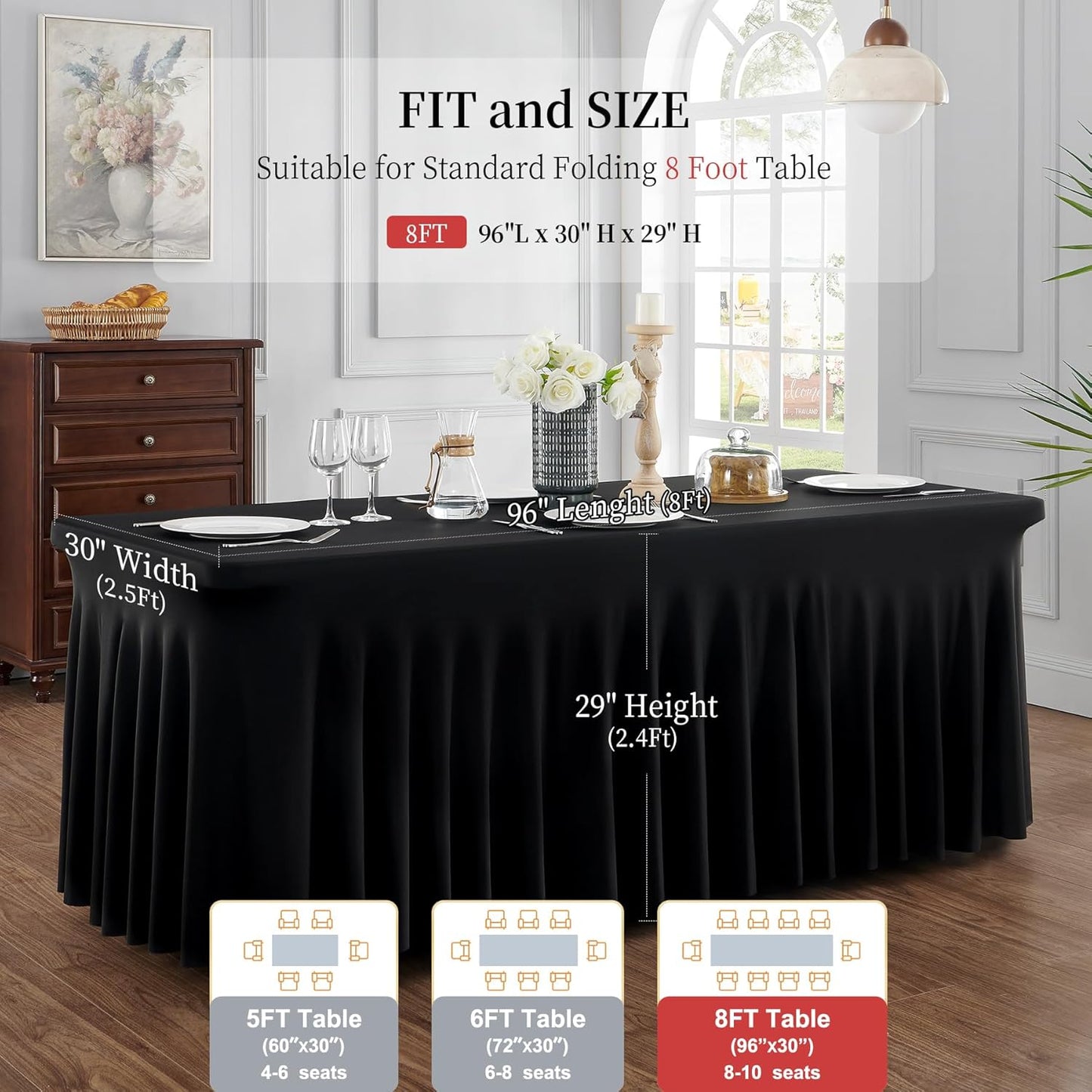 Outpain Black Spandex Tablecloth for 8 Foot Rectangle Tables, 2 Pack Black Fitted Table Cloths 8ft Stretchy Banquet Table Clothes Cover Desk Skirt for Birthday Wedding Parties Baby Shower
