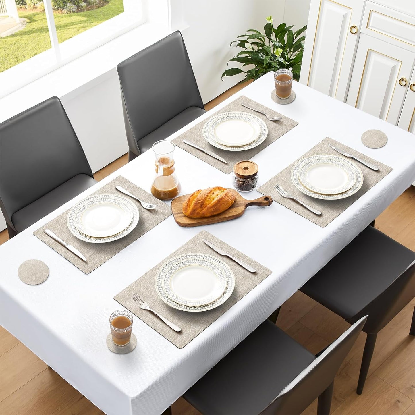 MOSAYT Placemats Set of 4, Heat Resistant Vinyl Place Mats with Coasters, 100% Waterproof Wipeable & Washable Faux Leather Table Mats for Kitchen Dining Party Indoor Outdoor, 12" x 18", Beige