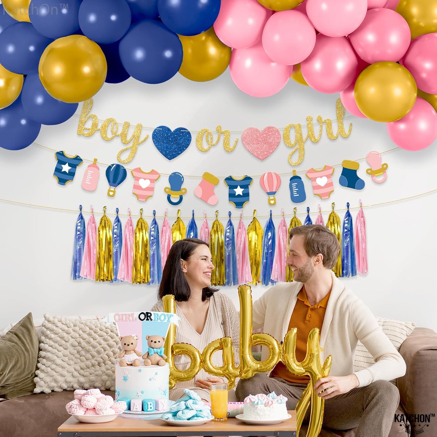 KatchOn, Boy or Girl Gender Reveal Decorations set - Pack of 68 | Boy or Girl Gender Reveal Banner, Baby Shower Decorations | Blue and Pink gender reveal Balloon Arch Kit, Boy or Girl Sign Banner