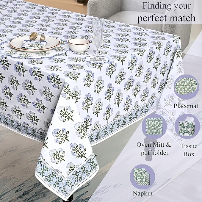 Ridhi Hand Block Print Mughal Buta Blue Square Cotton Tablecloth 60" x 60" Reusable Table Cover Decorative Everyday Use for Dining, Farmhouse, Home Gift for Spring, Easter, Valentine