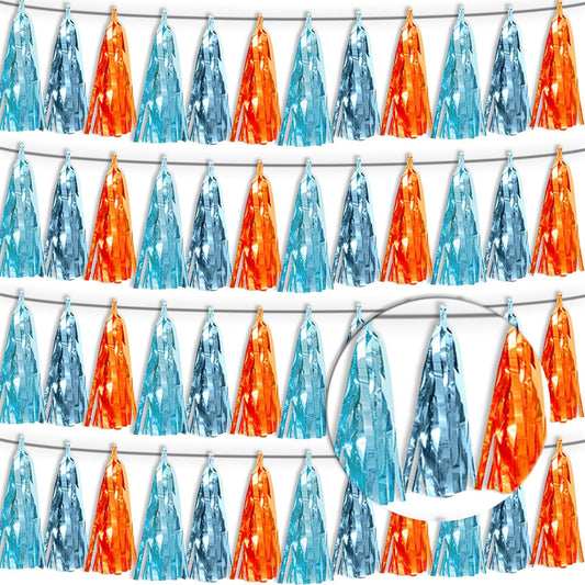 4P Lake Blue Light Blue-Orange Tassel Banner Garland Metallic Foil Fringe Banner Tinsel Tassels Streamer Banner Backdrop for Parade Floats,Graduation Decorations, Wedding Party Decoration