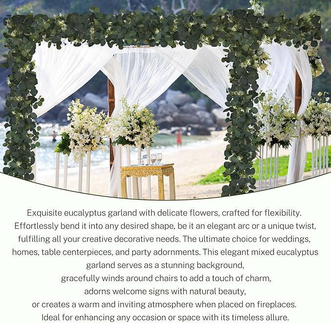 2Pcs 6FT Eucalyptus Garland, Green Garland with Flowers,Artificial Faux Greenery Vines for centerpieces Wedding Party Table Runner Room Home Mantle Decor