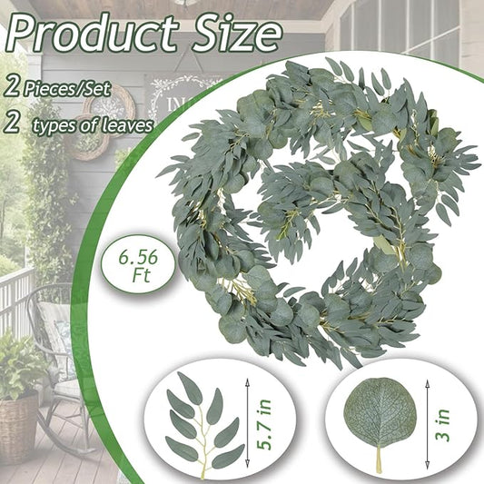 Grever 2 Pack Artificial Eucalyptus Garland with Willow Leaves Handmade Faux Greenery Garland 6.56 Feet for Wedding Backdorp Arch Wall Table Runner Decor Birthday Bridal Baby Shower Indoor Outdoor