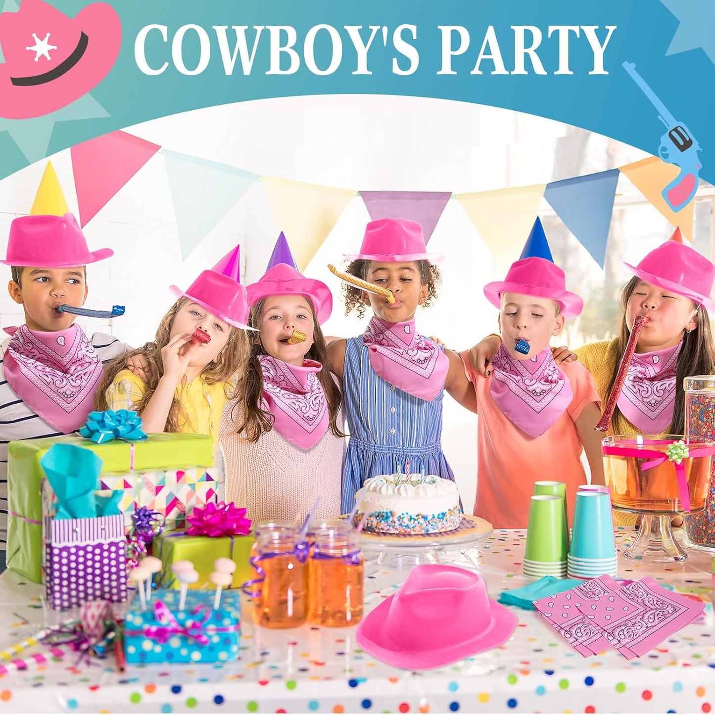 Hillban 72 Pcs Western Cowboy Hat and Paisley Bandana Set for Kids Felt Cowboy Party Hats for Costume Party Favors(Pink)