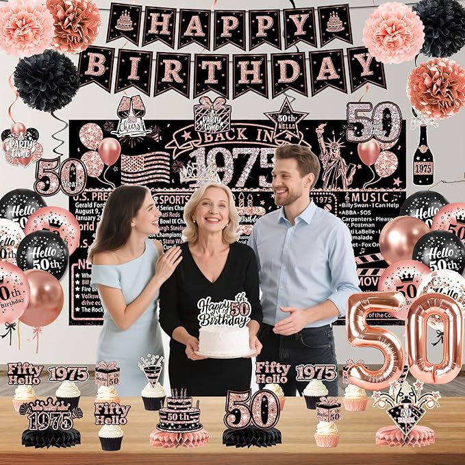 50th Birthday Decorations for Women – 59pcs Back in 1975 Party Supplies Backdrop, Banner, Honeycomb Centerpieces, Hanging Swirls, Foil & Latex Balloon, Cake & Cupcake Toppers, Sash, Pom Poms, Crown