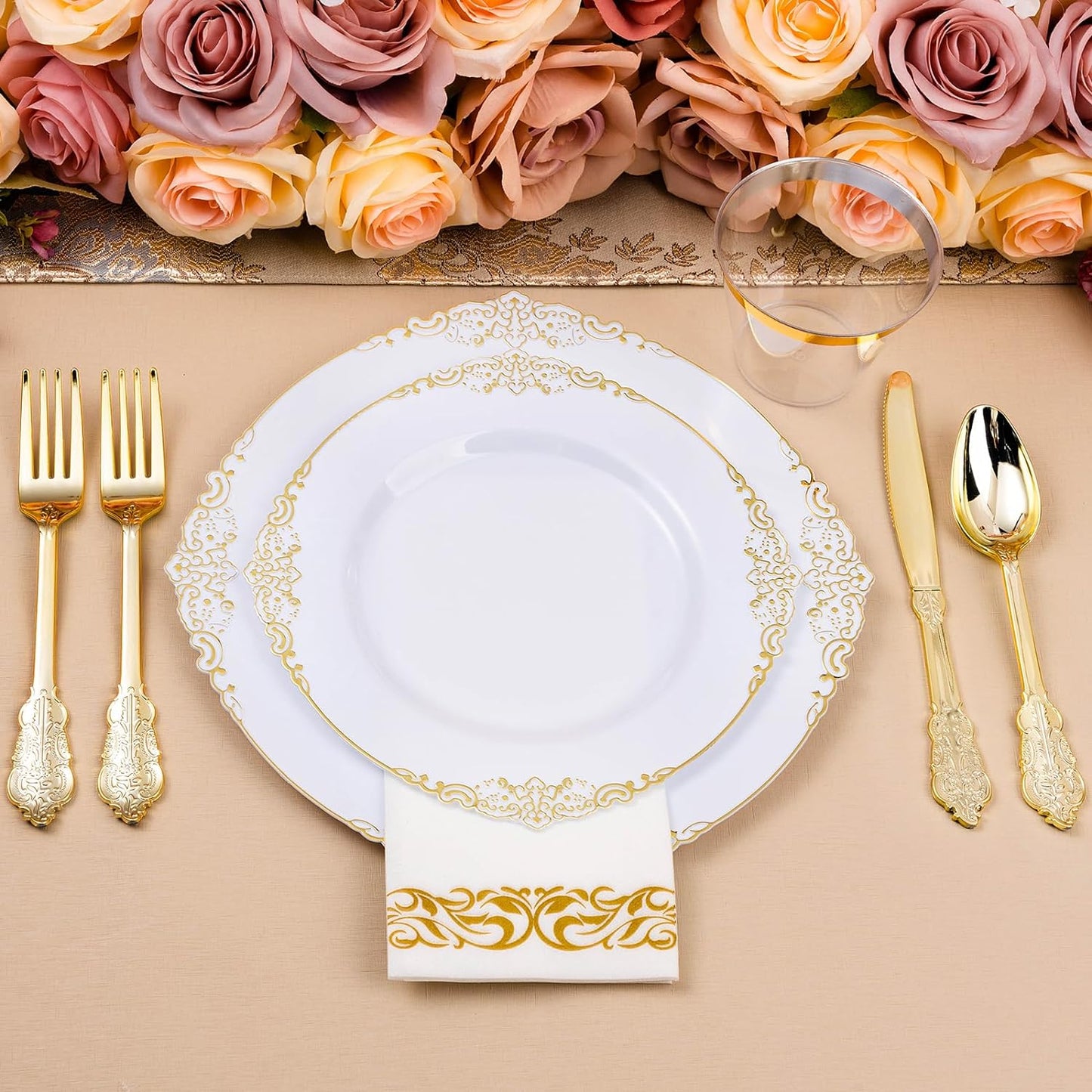 350PCS White and Gold Plastic Plates for 50 Guests, Disposable Dinnerware Set Includes 100 Disposable Plates, 150 Gold Silverware, 50 Cups, 50 Napkins for Party, Wedding