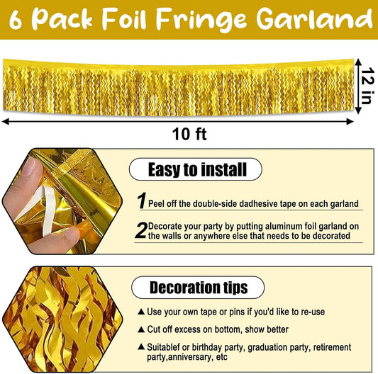 6 Pack 10 Feet Gold Wave Foil Fringe Garland Metallic Tinsel Streamers Banner Wall Hanging Curtain Backdrop for Parade Floats, Mother's Day, Easter, Wedding, Birthday Party Decoration