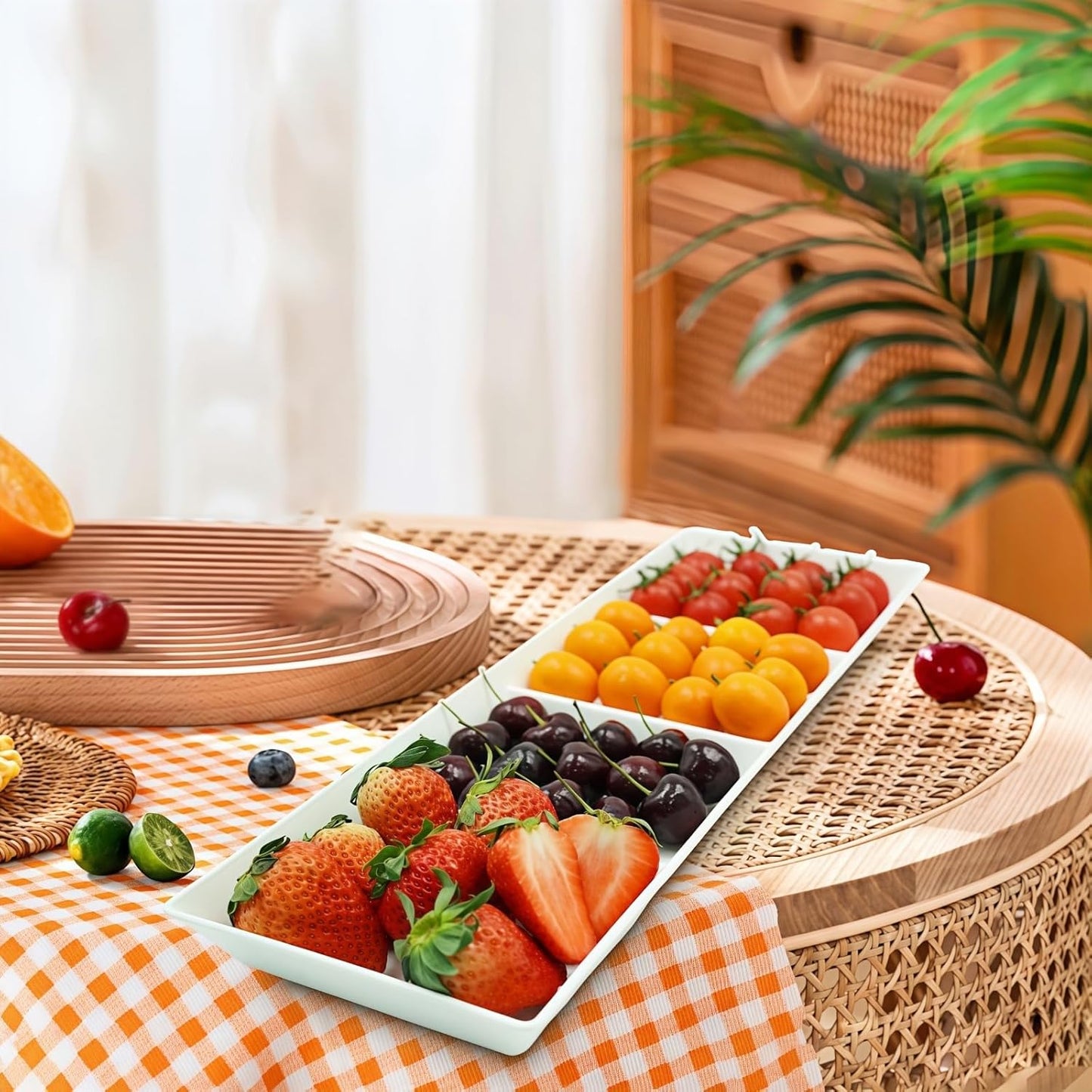 Divided Serving Tray Platter, 3 Pack 17.6" x 6" Fruit Veggie Food Tray for Party, Plastic Serving Trays for Appetizer, Snack, Dessert, Cookie, Brunch Decorations Platters, White Trays BPA-Free
