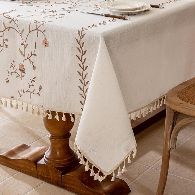 Joyfol Day Linen Waterproof Tablecloth with Tassels, Rustic Farmhouse Flowers Embroidery Table Cloths for Rectangle Tables, Heavy Weight Spill-Proof Table Covers, Coffee Florals, 55''x 120''