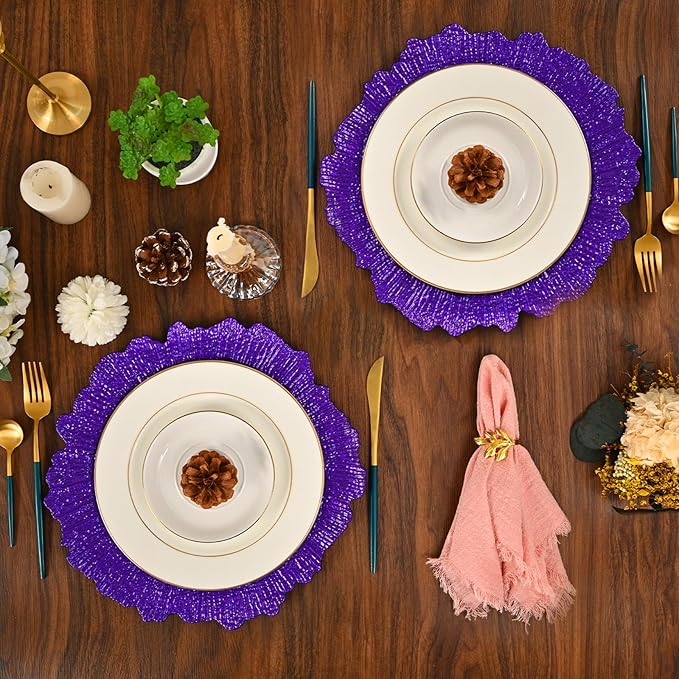 Pesonlook 24Pcs Purple Charger Plates Round 13inch, Reef Plate Chargers for Dinner, Bulk Plastic Floral Table Plates for Dinner Wedding Party Event Table Setting Decoration(Purple)