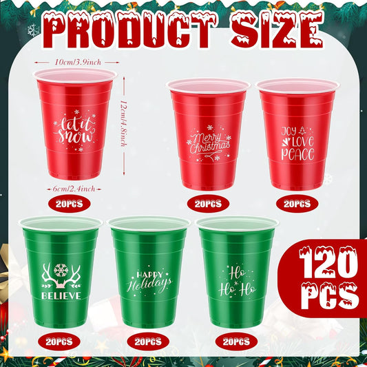 Sliner 120 Pcs 16 oz Christmas Plastic Disposable Cups Bulk Snowflake Elk Star Christmas Tree Drinking Cups for Xmas Birthday Party Supplies (Red,Green)