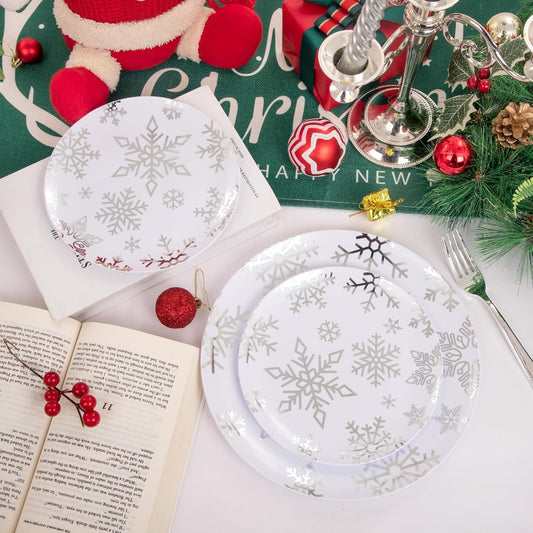 WDF 50 Pieces Plastic Christmas Plates - White and Silver Plates with Snowflake include 25 Dinner Plates, 25 Salad Plates - Disposable Silver Plastic Plates for Christmas Party, Winter