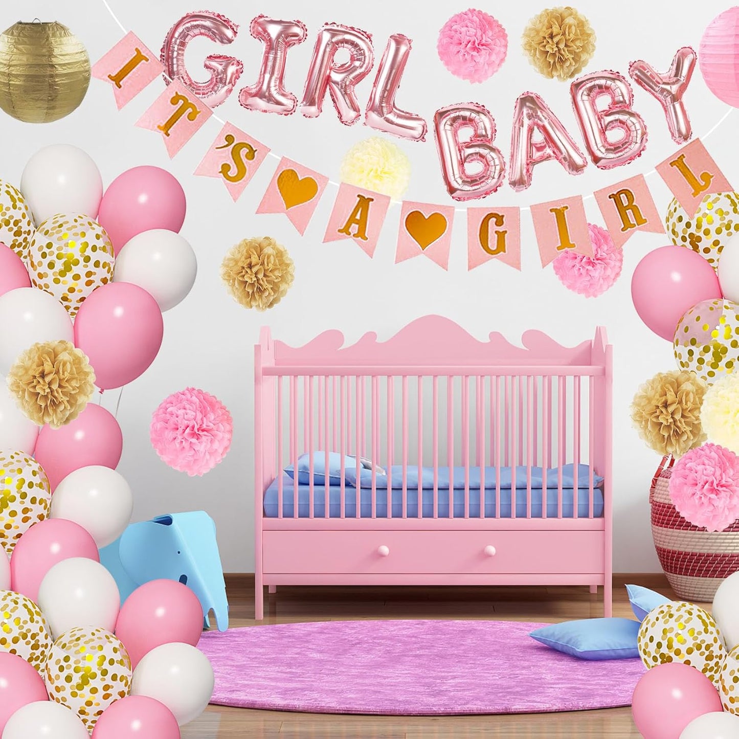 Ouddy Party Pink Baby Shower Decorations for Girls with Its a Girl Banner, Baby Girl Letter Pink Gold Confetti Balloons Paper Pom Poms for Baby Shower Gender Reveal Party Supplies