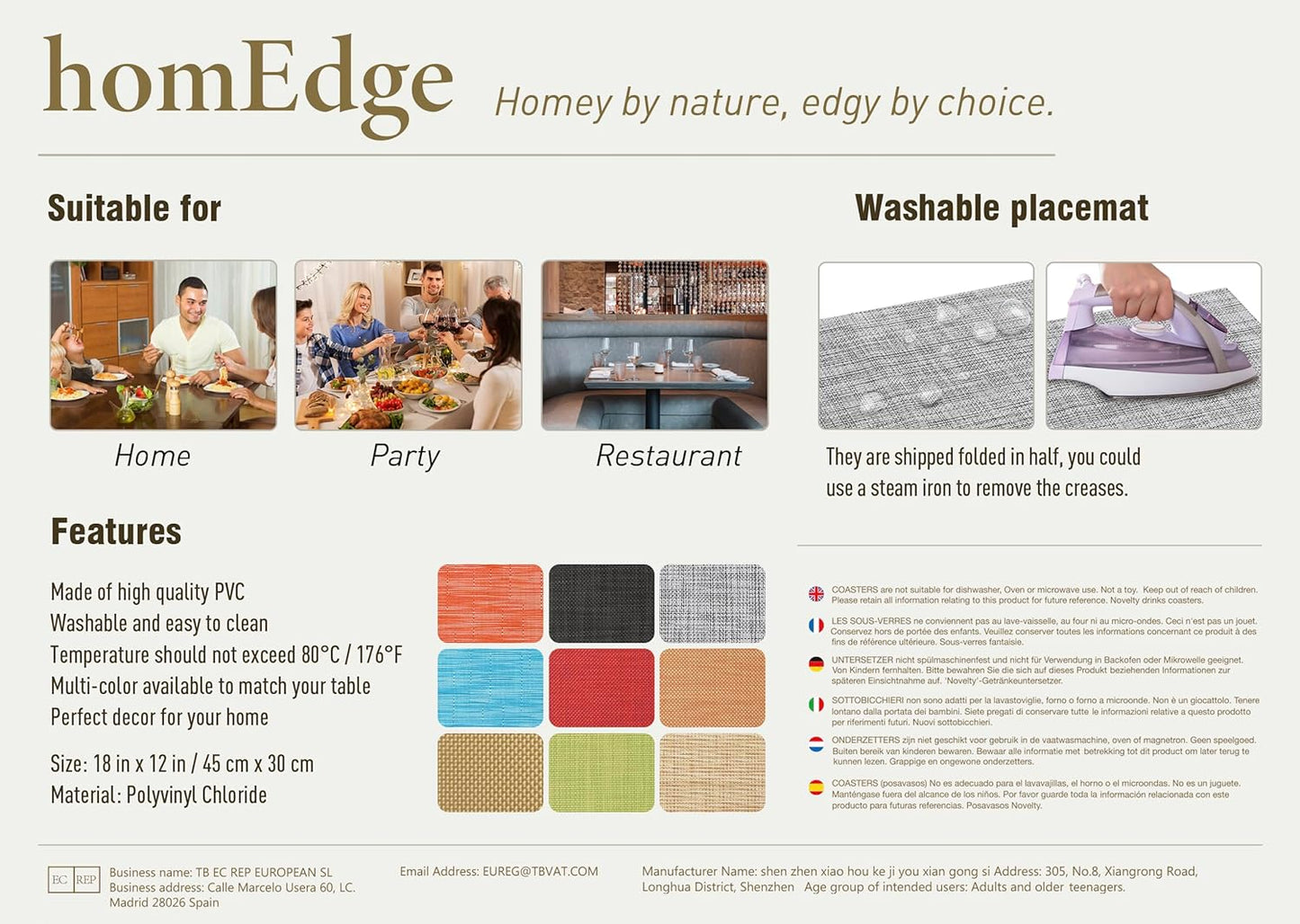 homEdge PVC Placemat, 4 PCS of Non-Slip Heat Resistant Place Mats, Washable Vinyl Placemats, Set of 4 – Ombre Brown Black