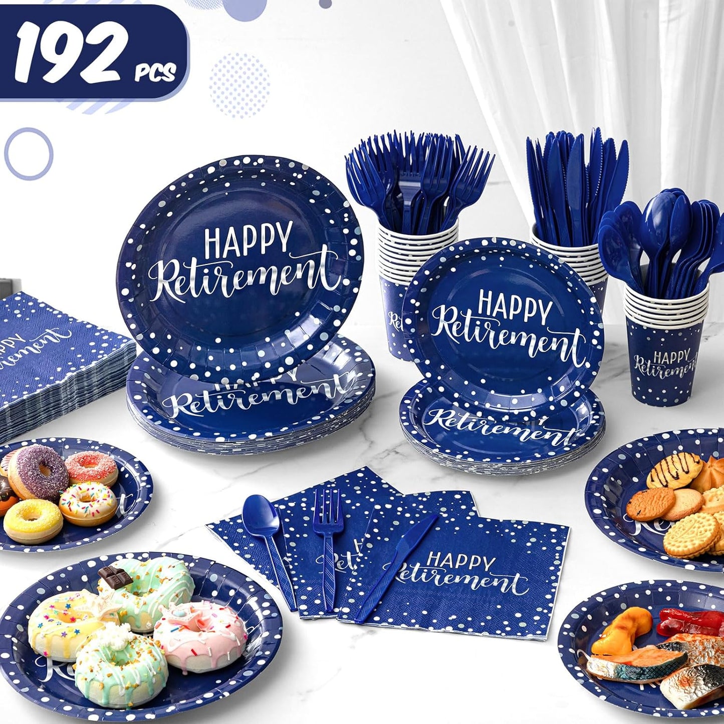 Pickmesh 192 Pcs Retirement Party Decorations Happy Retirement Paper Plates and Napkins Set with Cups and Knife Fork Spoon,Farewell Party Disposable Tableware for 24 Guest Women Men(Blue)