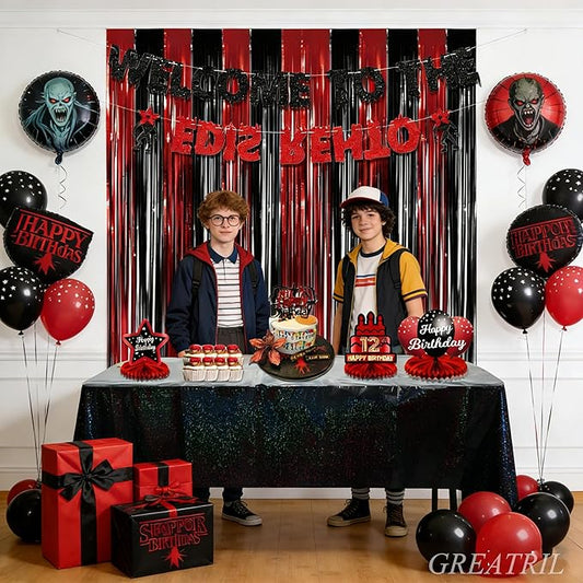 Black Red Party Streamers Backdrop - GREATRIL Foil Fringe Tinsel for Stranger/Friday Party/Halloween Party Decorations - 3.2ft X 8.2ft - 2 Packs