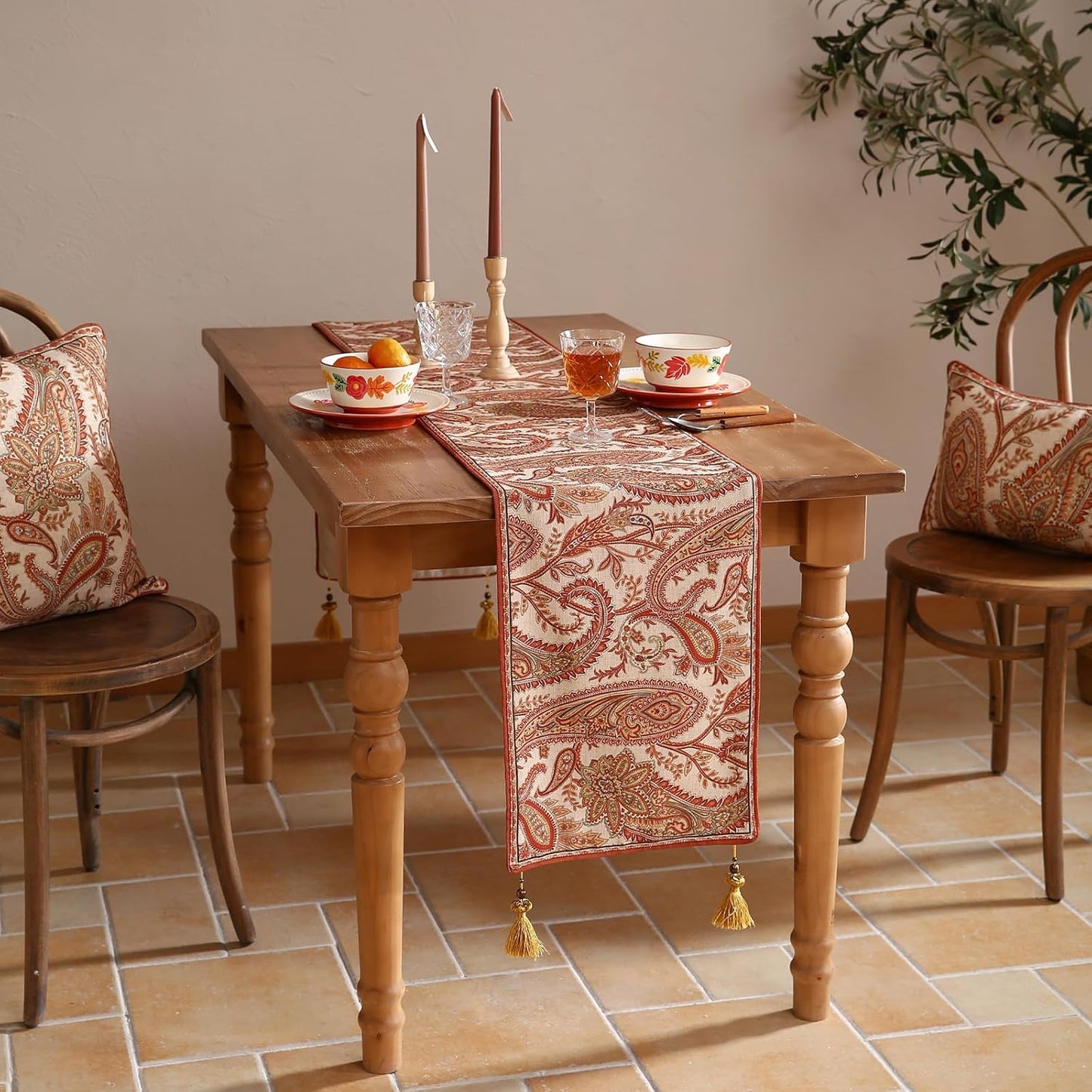 ISAENNE Designer Elegant Red Linen Table Runner 87 Inches Long,Vintage Paisley Pattern Durable Table Runners for Dining Tables,Thanksgiving,Kitchen Tables,Christmas,12"*87"-Chauffrey A