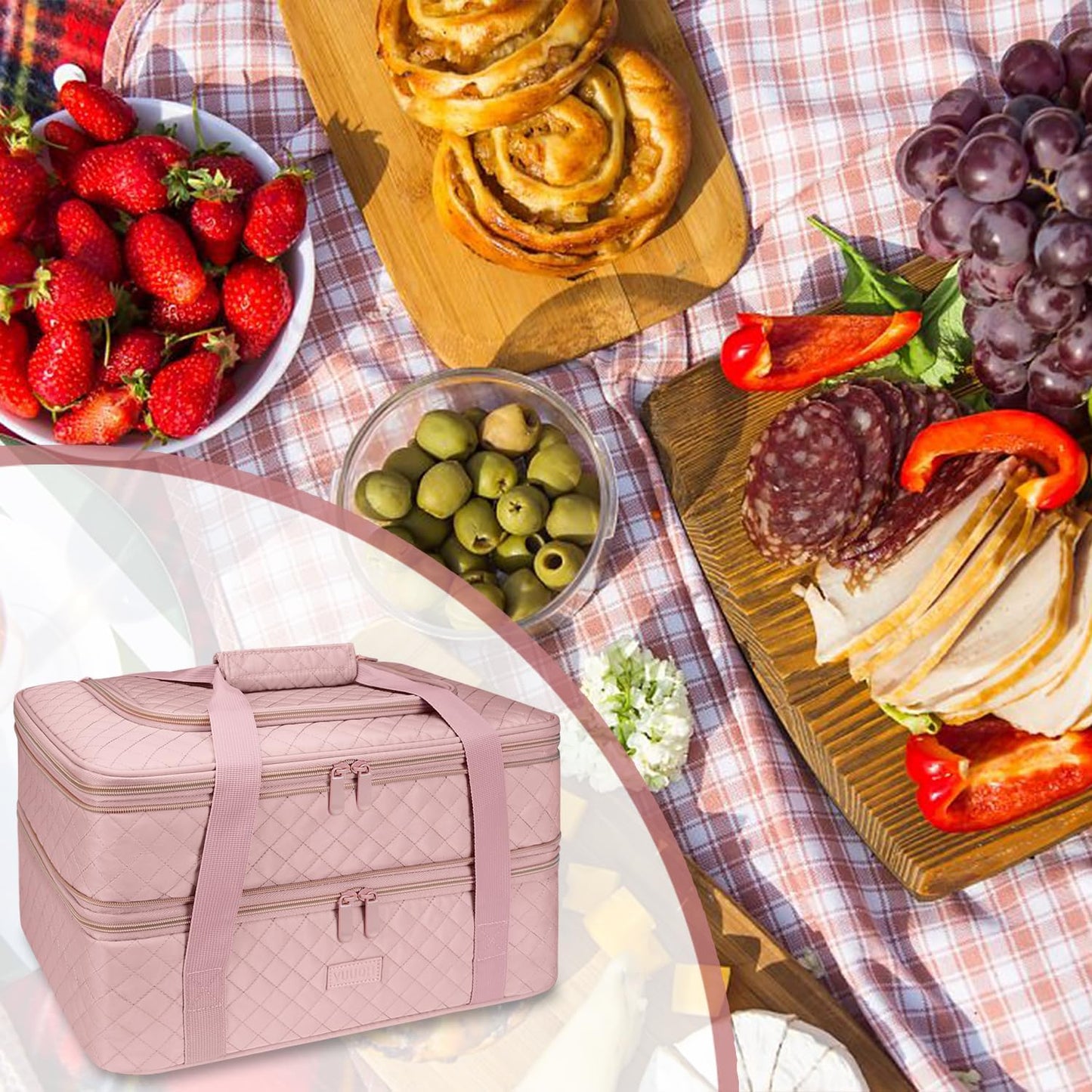 Vuudh Quilted Double Decker Casserole Carrier - Expandable Dish Carrying Case for Hot or Cold Food, Lasagna Holder for Potluck Parties, Picnic, Beach, Fits 9"×13" Baking Dish (Pink)